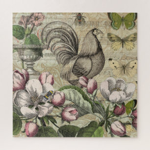 Vintage Rooster Garden Collage Art: French Country Jigsaw Puzzle