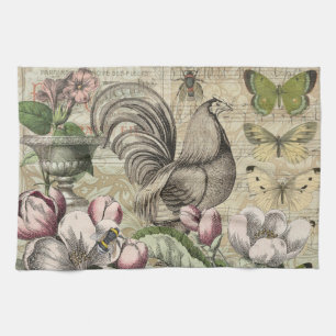 Vintage Rooster Garden Collage Art: French Country Kitchen Towel
