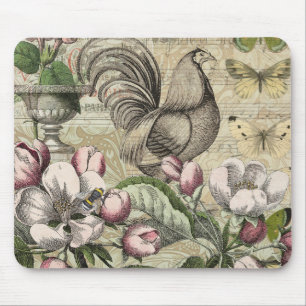 Vintage Rooster Garden Collage Art: French Country Mouse Pad