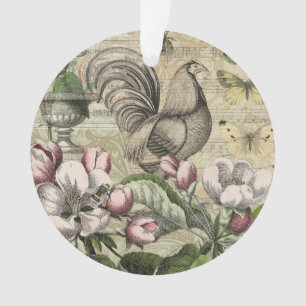Vintage Rooster Garden Collage Art: French Country Ornament