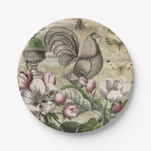 Vintage Rooster Garden Collage Art: French Country Paper Plate