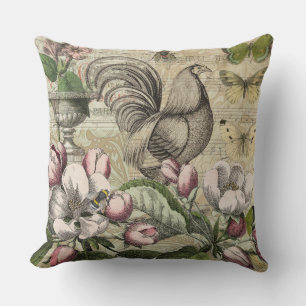 Vintage Rooster Garden Collage Art: French Country Throw Pillow