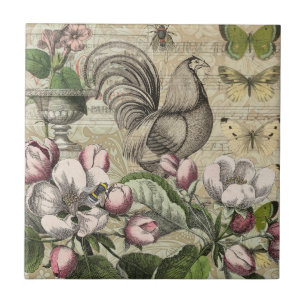 Vintage Rooster Garden Collage Art: French Country Tile
