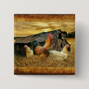 Vintage Rooster Hens Rustic Barn Coop 2 Inch Square Button