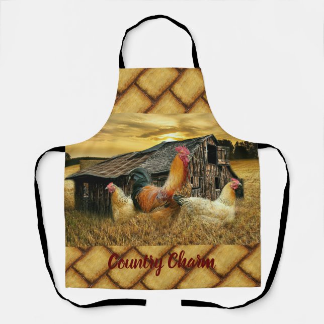 Vintage Rooster Hens Rustic Barn Coop Apron (Front)