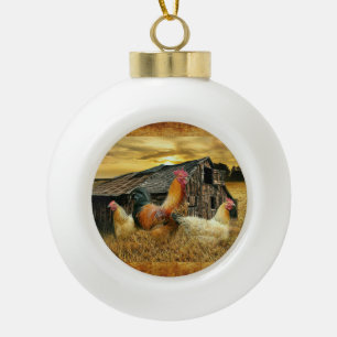 Vintage Rooster Hens Rustic Barn Coop Ceramic Ball Christmas Ornament