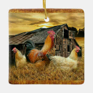 Vintage Rooster Hens Rustic Barn Coop Ceramic Ornament