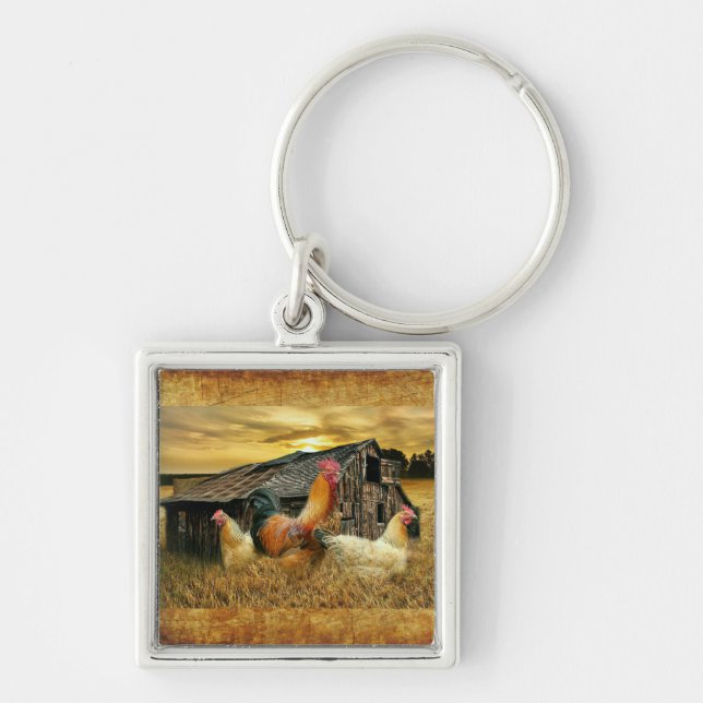 Vintage Rooster Hens Rustic Barn Coop Keychain (Front)