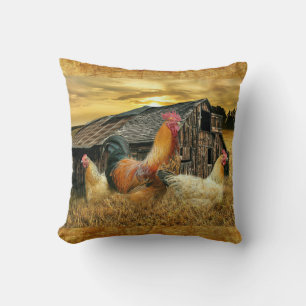 Vintage Rooster Hens Rustic Barn Coop Throw Pillow