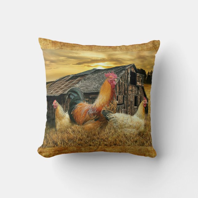 Vintage Rooster Hens Rustic Barn Coop Throw Pillow (Front)