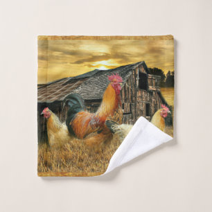 Vintage Rooster Hens Rustic Barn Coop Wash Cloth