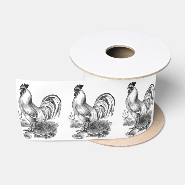Vintage rooster illustration satin ribbon (Spool)