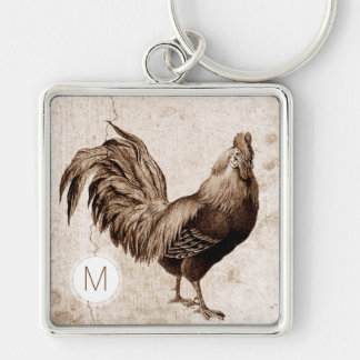 Vintage Rooster Monogram Square Keychain