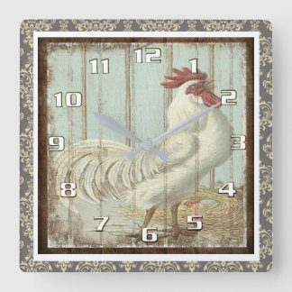 Vintage Rooster on a Rustic Wooden Board Ornate Square Wall Clock