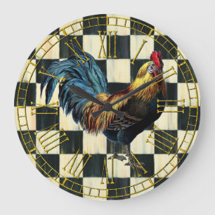 Vintage Rooster on Check Large Clock