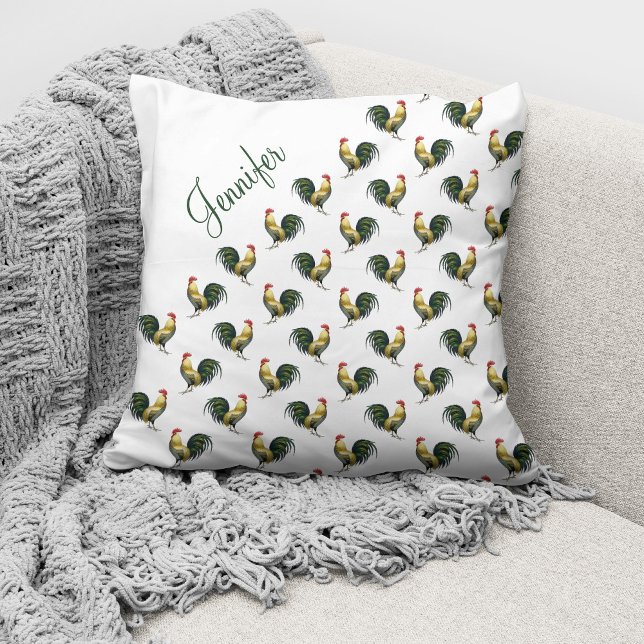 Vintage Rooster Pattern Custom Name Throw Pillow (Creator Uploaded)