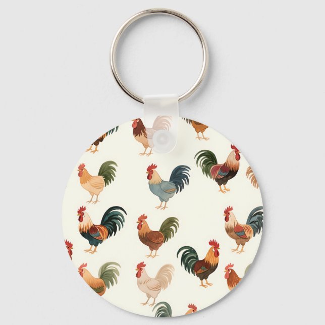 Vintage Rooster Pattern Farmhouse Style Keychain (Front)