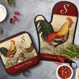Vintage Rooster: Personalized with a monogram name Oven Mitt & Pot Holder Set