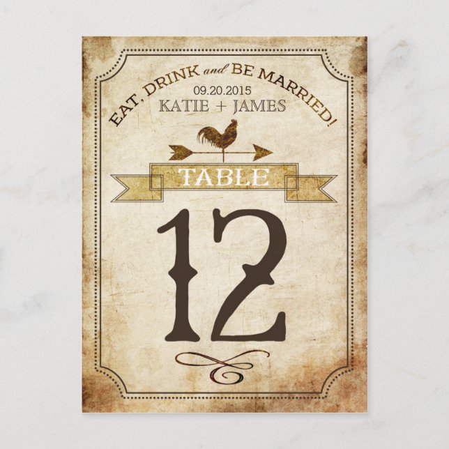 Vintage Rooster Rustic Country Table Number Card (Front)
