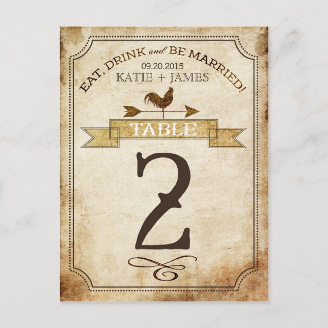 Vintage Rooster Rustic Country Table Number Card (Front)