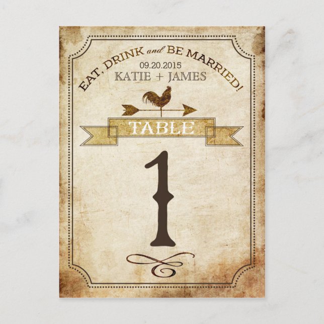 Vintage Rooster Rustic Country Table Number Card (Front)