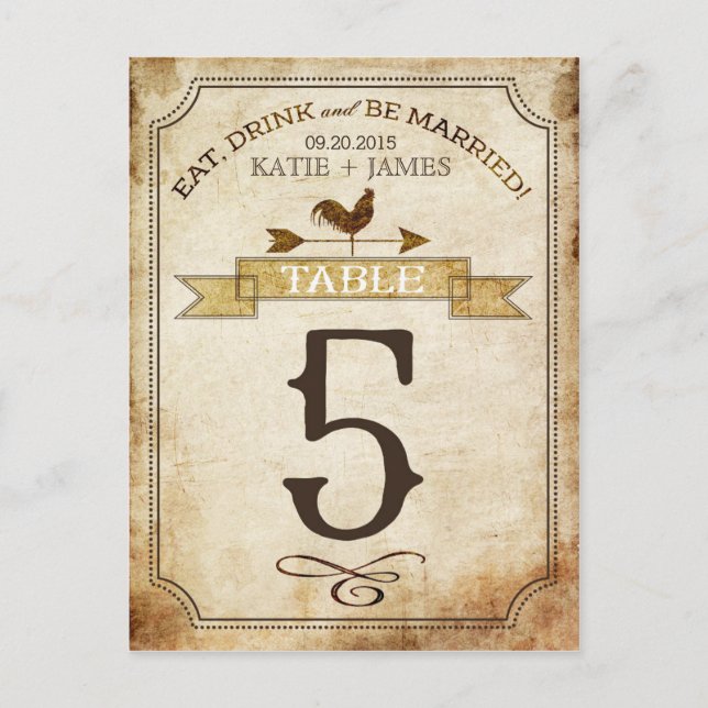 Vintage Rooster Rustic Country Table Number Card (Front)