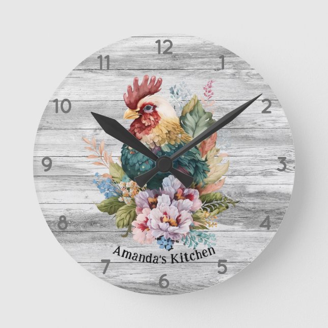 Vintage Rooster Rustic Wood Chicken Monogram Round Clock (Front)