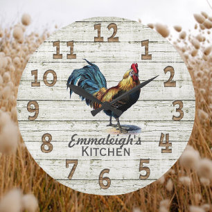Vintage Rooster Rustic Wood Chicken Wire Monogram Large Clock