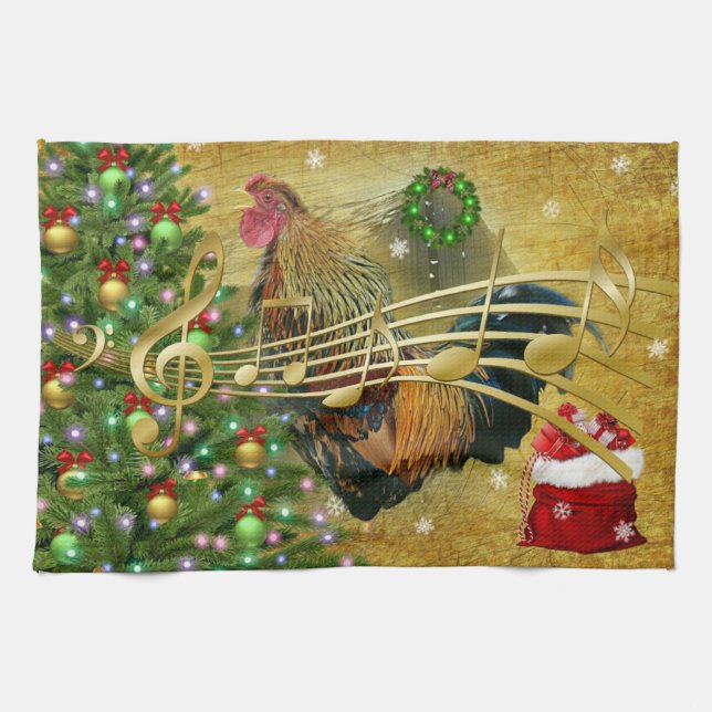 Vintage Rooster Singing Christmas Carols Kitchen Towel (Horizontal)