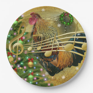 Vintage Rooster Singing Christmas Carols Paper Plate