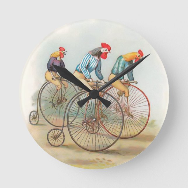 Vintage Roosters on Bikes Round Clock (Front)