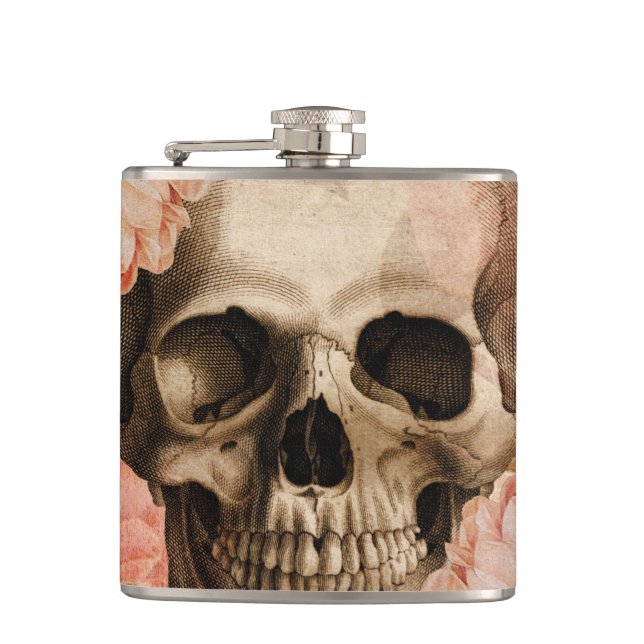 Vintage Rosa Skull Collage Hip Flask (Front)
