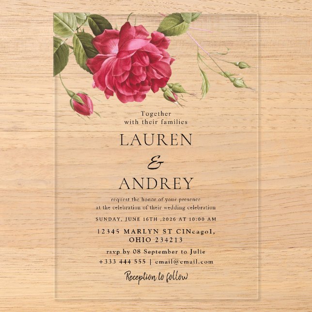 Vintage Rose Acrylic Wedding Invitation (Front)