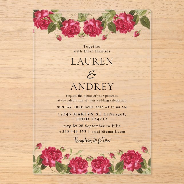 Vintage Rose Acrylic Wedding Invitation (Recto)