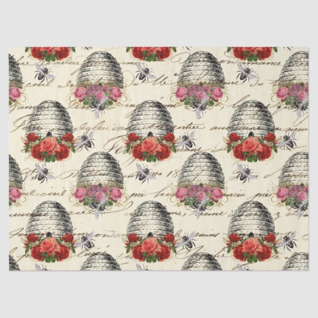 Vintage Rose and Beehive Decoupage Tissue Paper (Front)