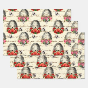 Vintage Rose and Beehive Wrapping Paper Sheet