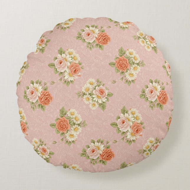 Vintage Rose and Daisy Bedding Round Pillow (Front)
