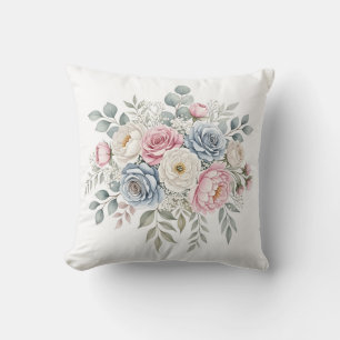 Vintage Rose and Eucalyptus  Bouquet Decorated Throw Pillow