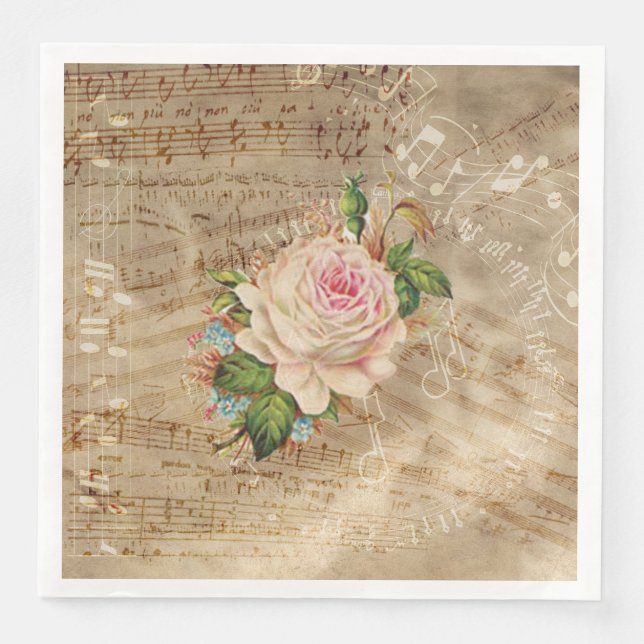 Vintage Rose and Musical Notes Paper Dinner Napkin (Front)
