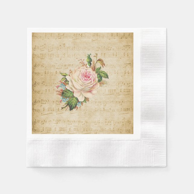 Vintage Rose and Musical Notes Paper Napkin (Front)