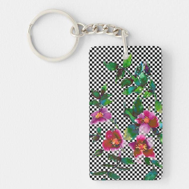 Vintage Rose b/w checkers Keychain (Front)