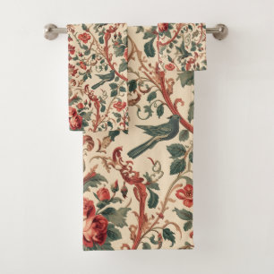 Vintage Rose & Bird Pattern Romantic Art Nouveau Bath Towel Set