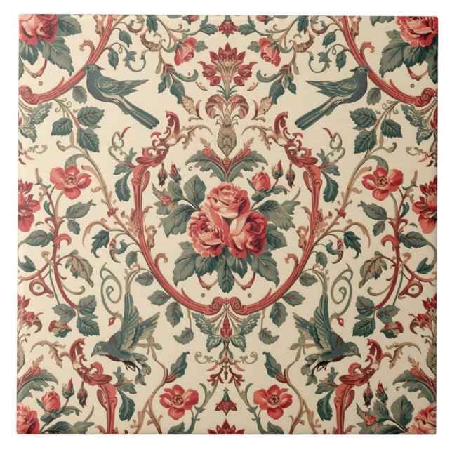 Vintage Rose & Bird Pattern Romantic Art Nouveau Tile (Front)
