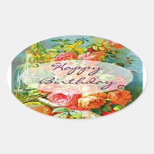 Vintage Rose Birthday Oval Sticker