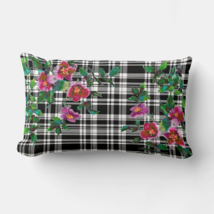Vintage Rose - black and white plaid Lumbar Pillow