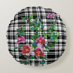 Vintage Rose - black and white plaid Round Pillow