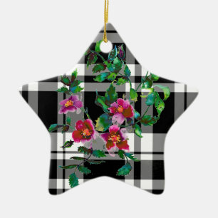 Vintage rose - black and white plaid snow flake ceramic ornament