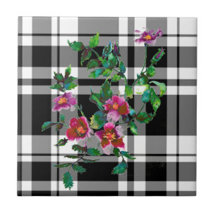 Vintage Rose - black and white plaid Tile