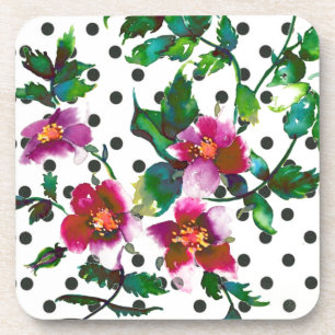 Vintage  Rose -black and white polka-dots Coaster