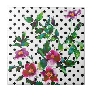Vintage rose black and white polka-dots tile